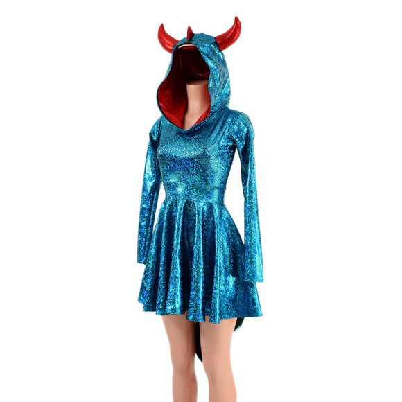 Turquoise Dragon Hoodie Skater Dress with Spikes and HORNS - Coquetry Clothing
