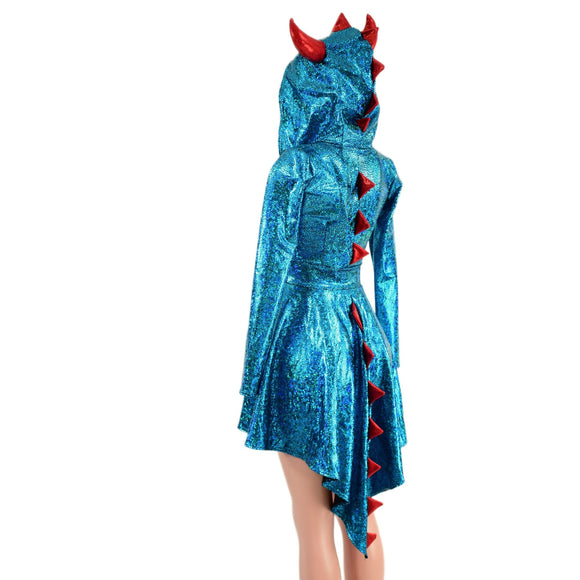 Turquoise Dragon Hoodie Skater Dress with Spikes and HORNS - Coquetry Clothing