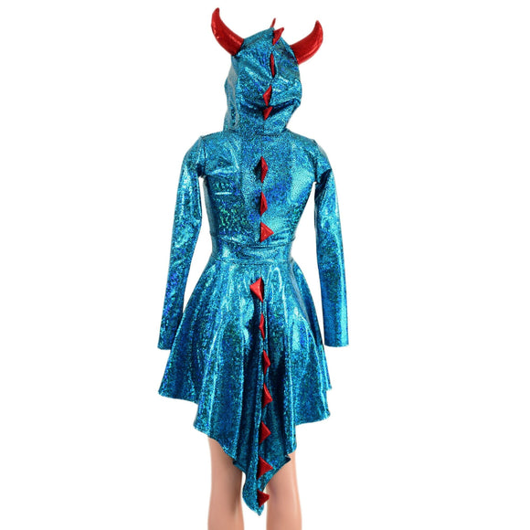 Turquoise Dragon Hoodie Skater Dress with Spikes and HORNS - Coquetry Clothing