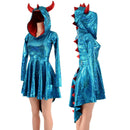 Turquoise Dragon Hoodie Skater Dress with Spikes and HORNS - Coquetry Clothing