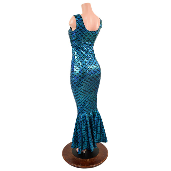 Turquoise Dragon Scale Gown with Fishtail Hemline - Coquetry Clothing