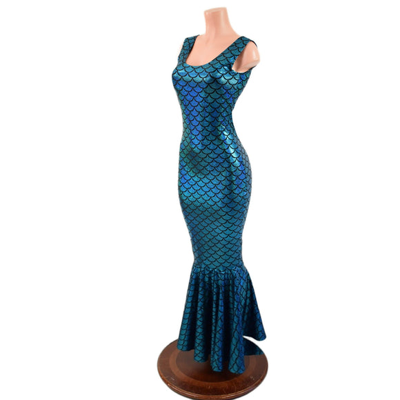 Turquoise Dragon Scale Gown with Fishtail Hemline - Coquetry Clothing