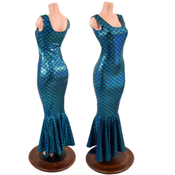 Turquoise Dragon Scale Gown with Fishtail Hemline - Coquetry Clothing