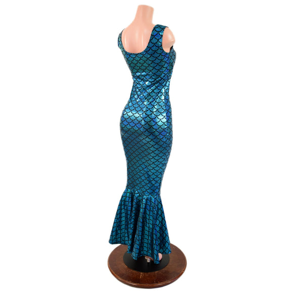 Turquoise Dragon Scale Gown with Fishtail Hemline - Coquetry Clothing