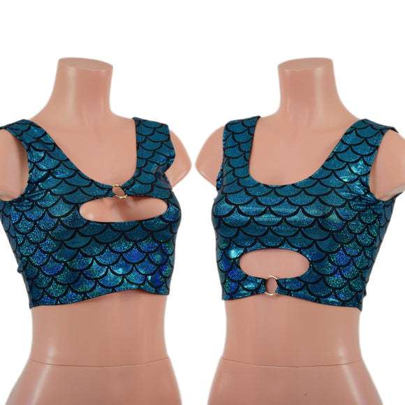 Turquoise Dragon Scale High Or Low Reversible Cutout Oring Mini Crop - Coquetry Clothing