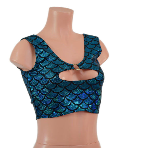Turquoise Dragon Scale High Or Low Reversible Cutout Oring Mini Crop - Coquetry Clothing