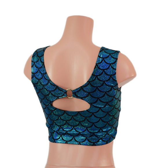 Turquoise Dragon Scale High Or Low Reversible Cutout Oring Mini Crop - Coquetry Clothing