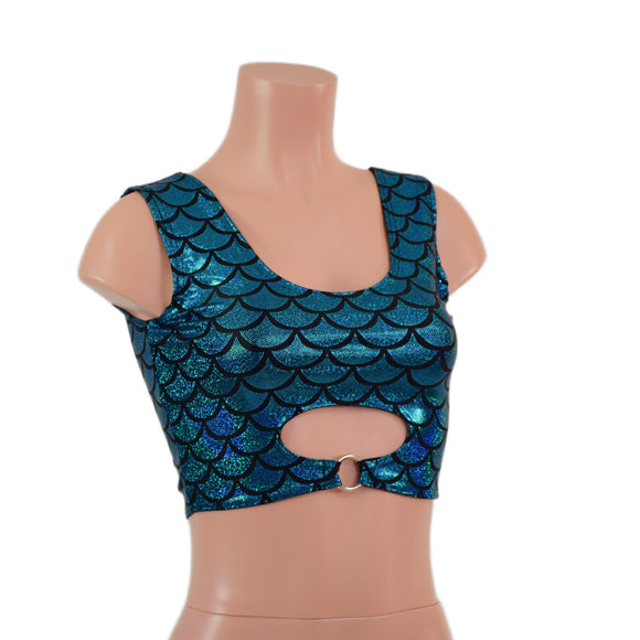 Turquoise Dragon Scale High Or Low Reversible Cutout Oring Mini Crop - Coquetry Clothing