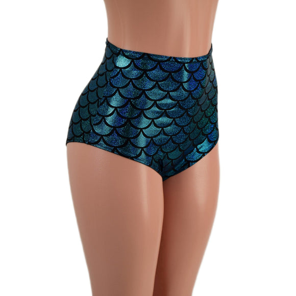 Turquoise Dragon Scale High Waist Siren Shorts - Coquetry Clothing