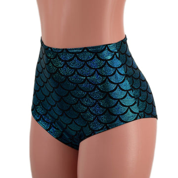 Turquoise Dragon Scale High Waist Siren Shorts - Coquetry Clothing