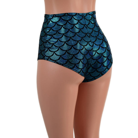 Turquoise Dragon Scale High Waist Siren Shorts - Coquetry Clothing