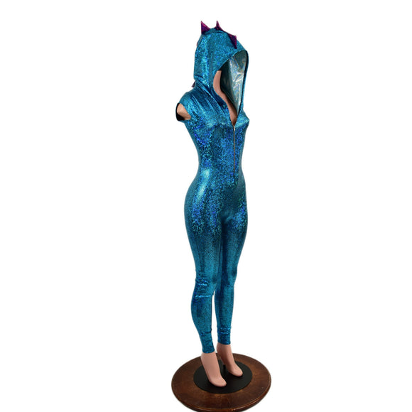 Turquoise & Fuchsia Dragon Hooded Catsuit - Coquetry Clothing