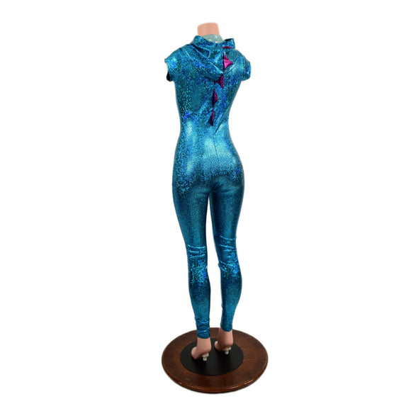 Turquoise & Fuchsia Dragon Hooded Catsuit - Coquetry Clothing