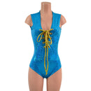 Turquoise Kaleidoscope Sleeveless Romper with Plunging Laceup Neckline - Coquetry Clothing