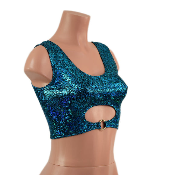 Turquoise Shattered Glass High Or Low Reversible Cutout Oring Mini Crop - Coquetry Clothing