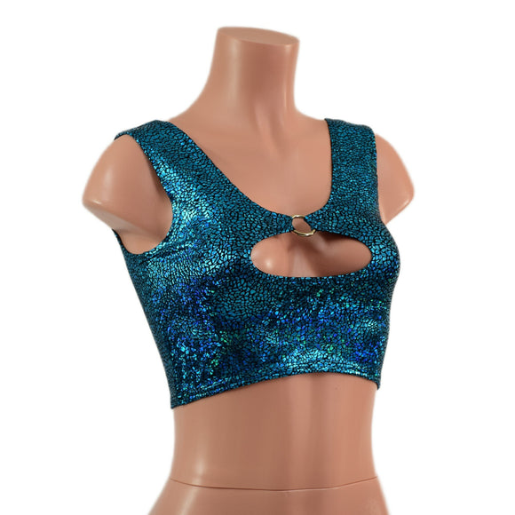 Turquoise Shattered Glass High Or Low Reversible Cutout Oring Mini Crop - Coquetry Clothing