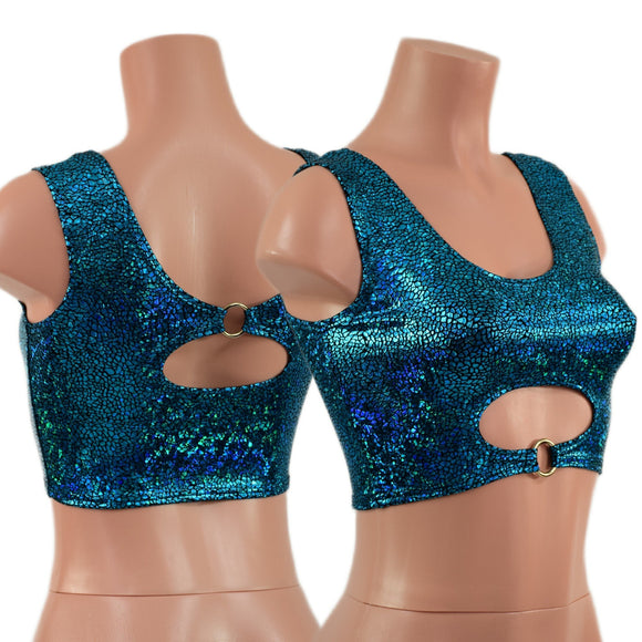Turquoise Shattered Glass High Or Low Reversible Cutout Oring Mini Crop - Coquetry Clothing