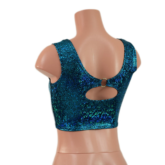 Turquoise Shattered Glass High Or Low Reversible Cutout Oring Mini Crop - Coquetry Clothing