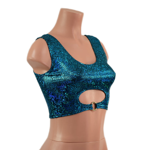 Turquoise Shattered Glass High Or Low Reversible Cutout Oring Mini Crop - Coquetry Clothing