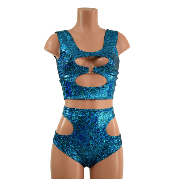 Turquoise Shattered Glass O - Ring Tank Top and Hipnotic High Waist Siren Shorts Set - Coquetry Clothing