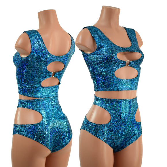 Turquoise Shattered Glass O - Ring Tank Top and Hipnotic High Waist Siren Shorts Set - Coquetry Clothing