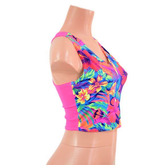 Two Tone Racerback Crop Tank in Tahitian Floral with Neon Pink Mesh Back - Coquetry Clothing