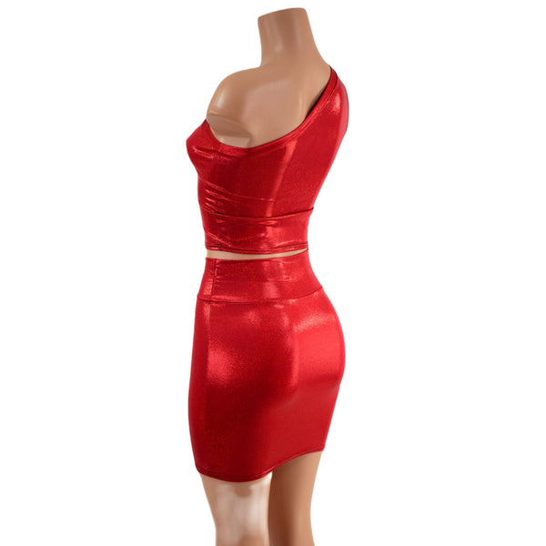 Red Sparkly One Shoulder Crop Top & Bodycon Skirt Set - 4