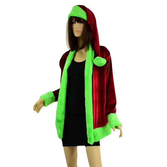 "Mean One" Not a Cardigan and Matching Santa Hat with Neon Green Trim - Coquetry Clothing