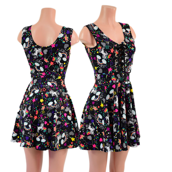 Unicorns and Rainbows Tank Style Skater Dress with Lace Up Bodice - Coquetry Clothing