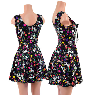 Unicorns and Rainbows Tank Style Skater Dress with Lace Up Bodice - Coquetry Clothing