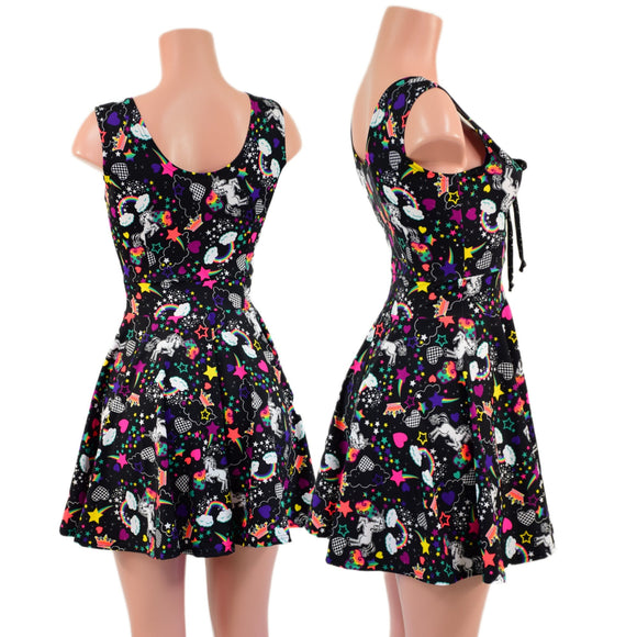 Unicorns and Rainbows Tank Style Skater Dress with Lace Up Bodice - Coquetry Clothing