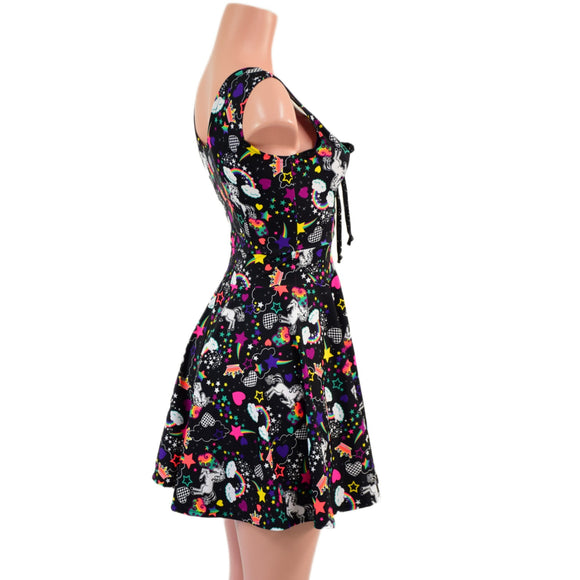 Unicorns and Rainbows Tank Style Skater Dress with Lace Up Bodice - Coquetry Clothing