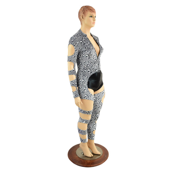 Quad Cutout Catsuit in Distortion Velvet with Chaps Cutouts - Coquetry Clothing
