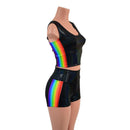 Black Holographic Crop Tank and High Waist Shorts Set with Retro Rainbow Side Panels-6