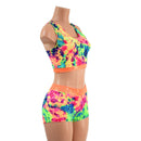 UV Glow Acid Splash Racerback Crop and Midrise Shorts with Neon Orange Sparkly Trim - Coquetry Clothing