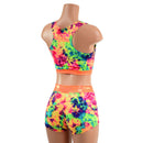 UV Glow Acid Splash Racerback Crop and Midrise Shorts with Neon Orange Sparkly Trim - Coquetry Clothing