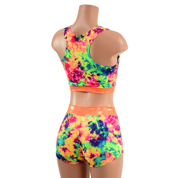 UV Glow Acid Splash Racerback Crop and Midrise Shorts with Neon Orange Sparkly Trim - Coquetry Clothing