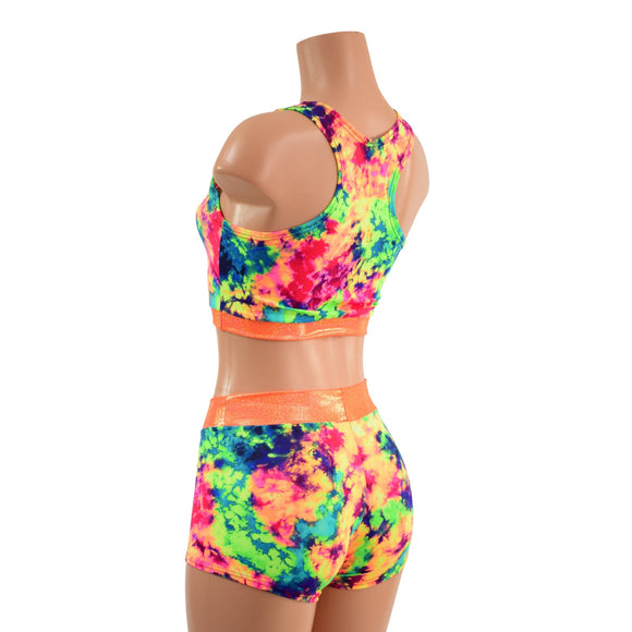 UV Glow Acid Splash Racerback Crop and Midrise Shorts with Neon Orange Sparkly Trim - Coquetry Clothing
