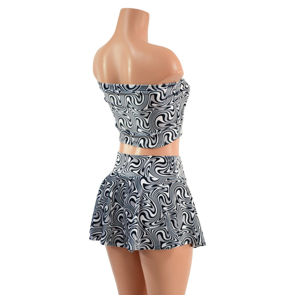 UV Glow Distortion Velvet Mini Rave Skirt and Strapless Top Set - Coquetry Clothing
