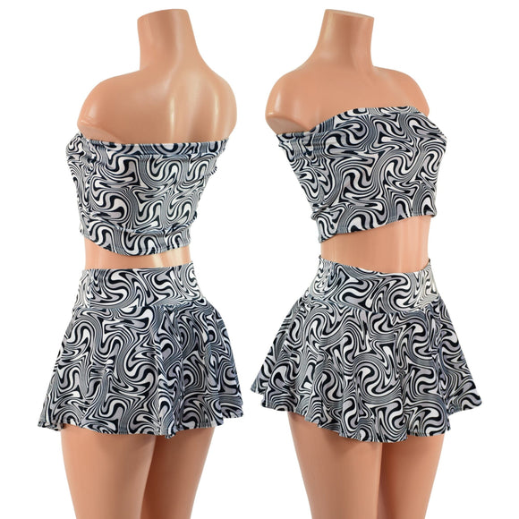 UV Glow Distortion Velvet Mini Rave Skirt and Strapless Top Set - Coquetry Clothing