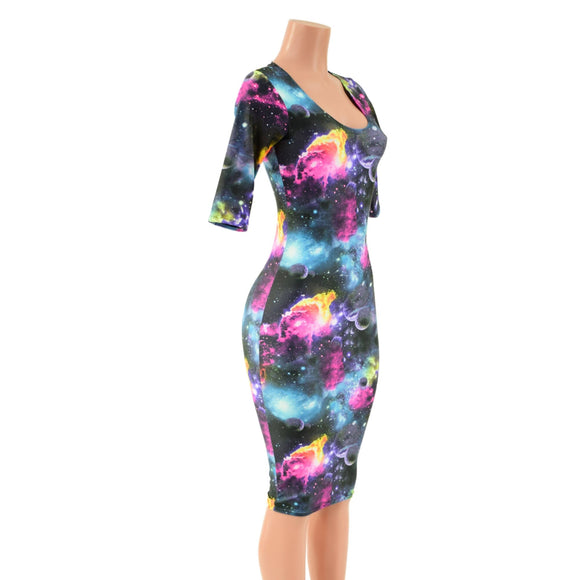 UV Glow Galaxy Half Sleeve Wiggle Dress - Coquetry Clothing