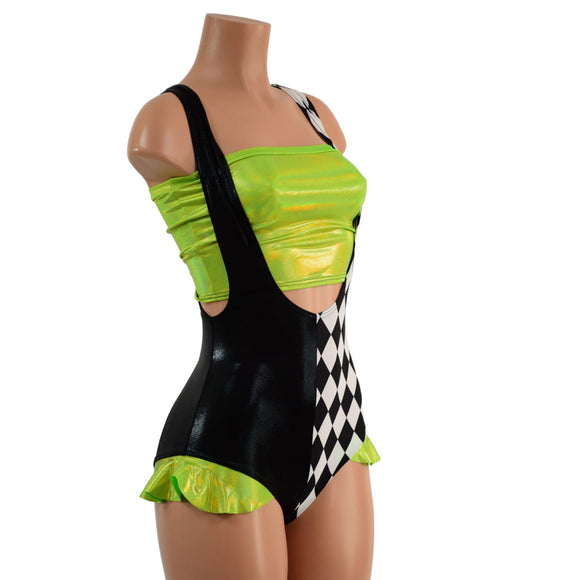 UV Glow Split Color Suspender Romper with Hip Ruffles and Tube Top - Coquetry Clothing