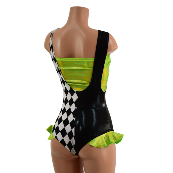 UV Glow Split Color Suspender Romper with Hip Ruffles and Tube Top - Coquetry Clothing