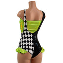 UV Glow Split Color Suspender Romper with Hip Ruffles and Tube Top - Coquetry Clothing
