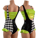 UV Glow Split Color Suspender Romper with Hip Ruffles and Tube Top - Coquetry Clothing