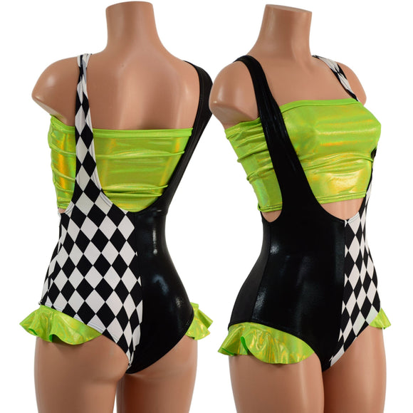 UV Glow Split Color Suspender Romper with Hip Ruffles and Tube Top - Coquetry Clothing
