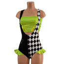 UV Glow Split Color Suspender Romper with Hip Ruffles and Tube Top - Coquetry Clothing