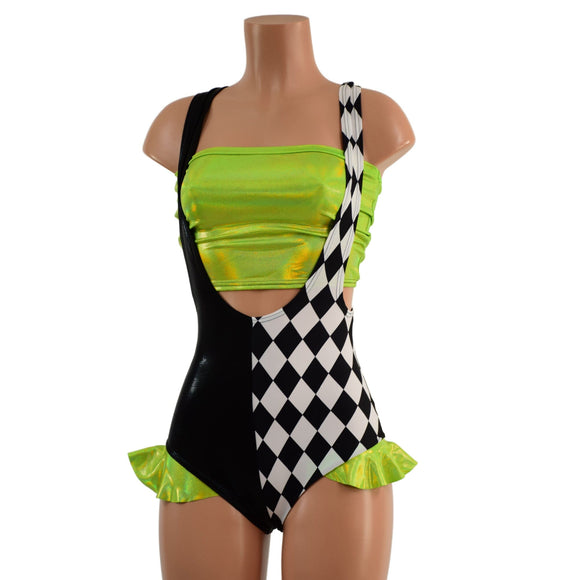 UV Glow Split Color Suspender Romper with Hip Ruffles and Tube Top - Coquetry Clothing
