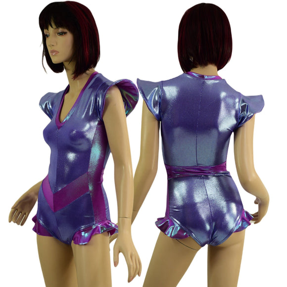 V - Front Romper in Lavender Ice and Plumeria with Flip Sleeves and Hip Ruffles - Coquetry Clothing