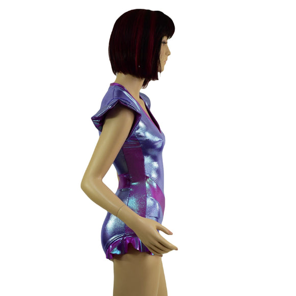V - Front Romper in Lavender Ice and Plumeria with Flip Sleeves and Hip Ruffles - Coquetry Clothing